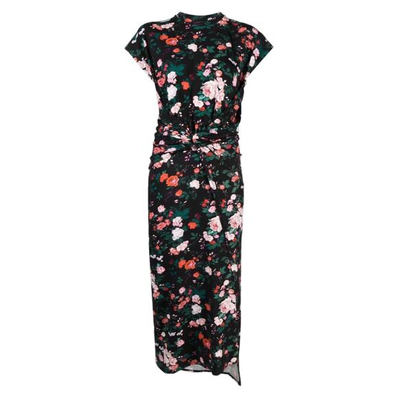 Paco Rabanne Black Pink Floral Cap Sleeve Belt Faux Wrap Midi Dress 44 / 12 NEW - Picture 1 of 14